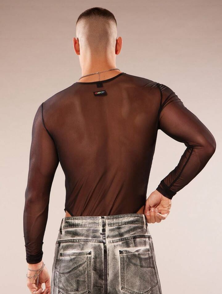 Men's Solid Color Mesh Round Neck Long Sleeve Jumpsuit See Through Top Men